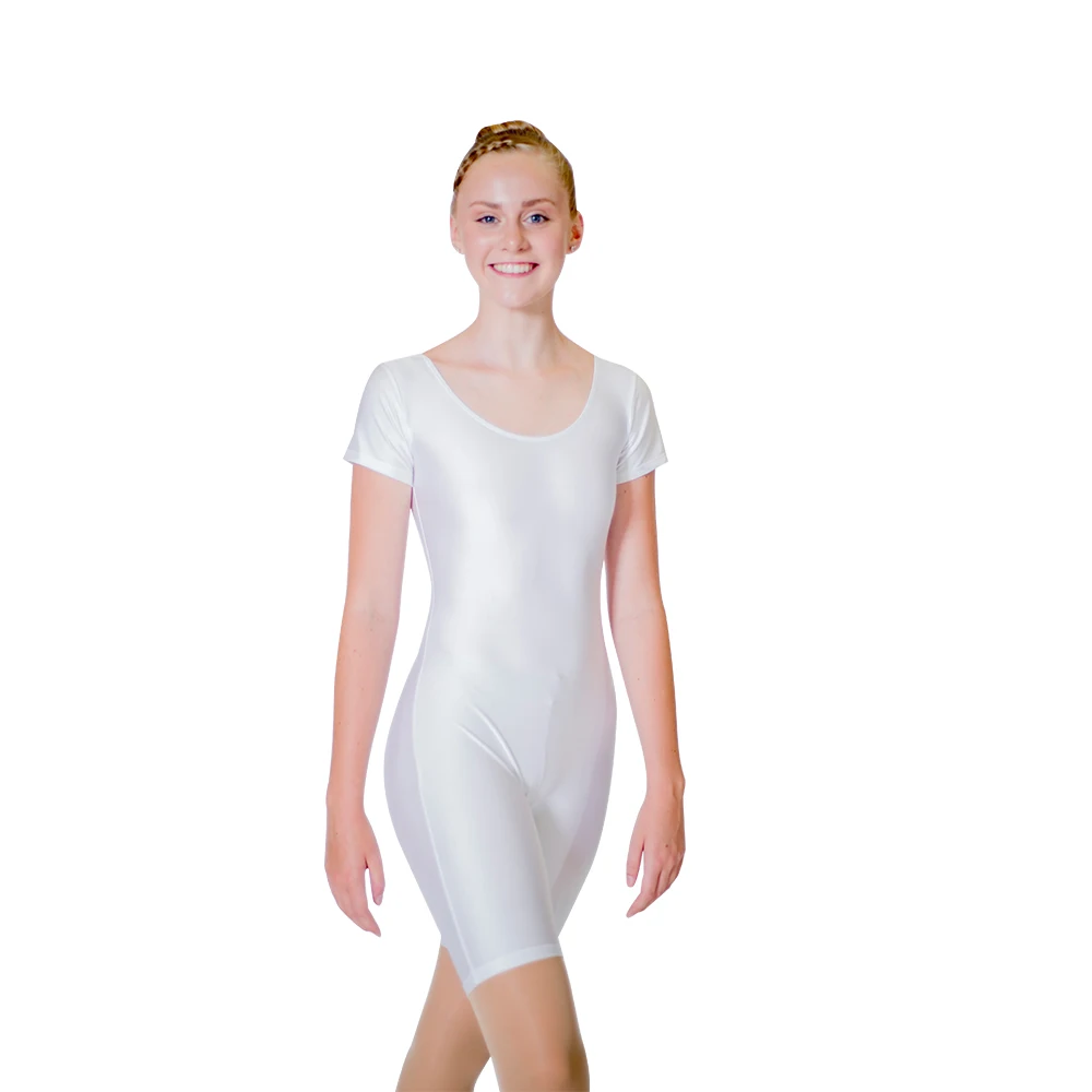 

Shiny Lycra Womens Girls Short Sleeves Shorty Biketard Dance Unitard with Shorts Ladies Performance Catsuit