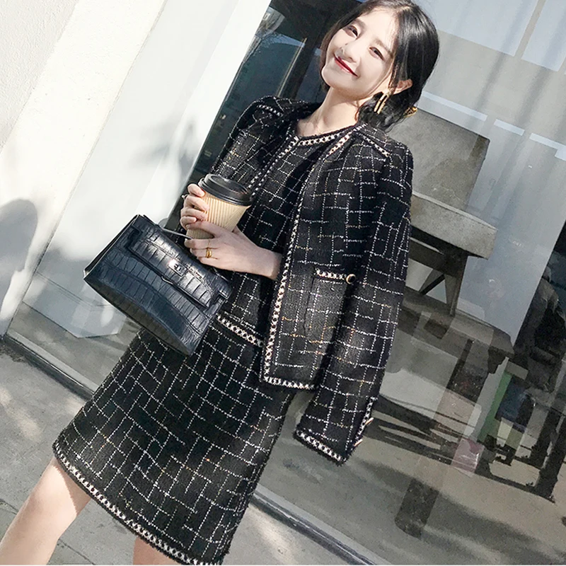

Black Tweed jacket + Dress suit 2018 autumn / winter women's jacket long-sleeved set ladies Dress sleeveless suit 2 sets