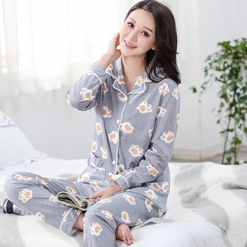 

2017 Autumn Two Piece Sets Long Sleeved 100% Cotton Pajamas Sleepwear Women Pyjamas Elegant Pajama Sets Mujer Home Clothing