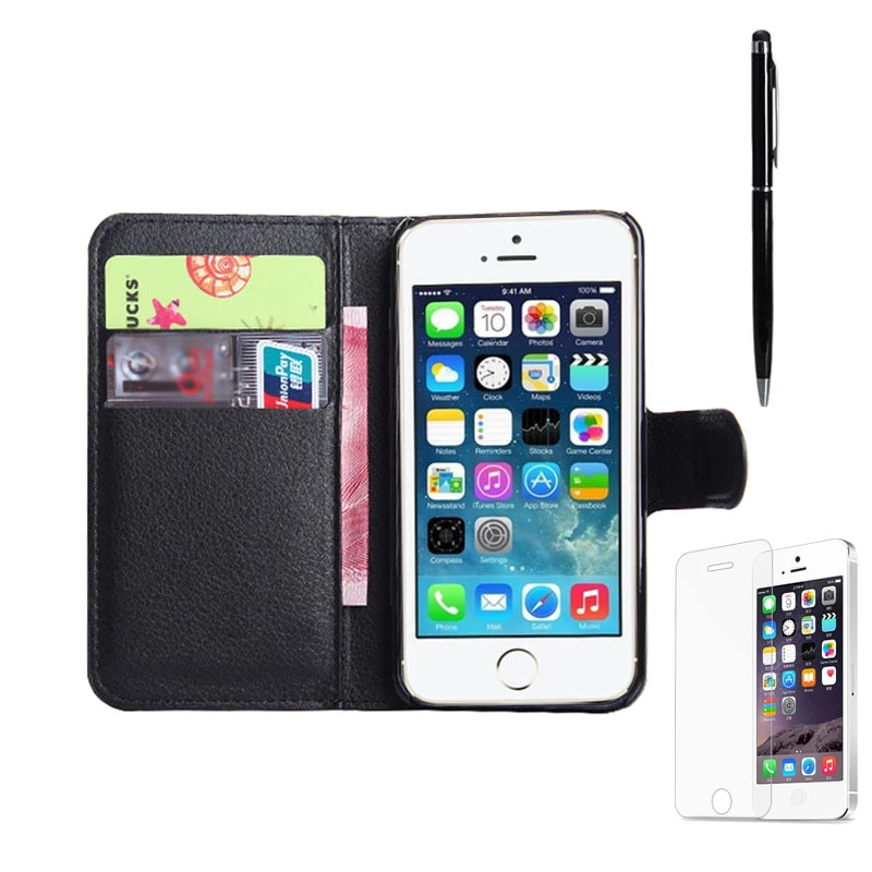 Para iPhone 5S SE, conjunto de accesorios de Teléfono: Funda de cuero PU iPhone 5, vidrio para iPhone 5S Protector pantalla y lápiz óptico|case for iphone|case for iphone 5for
