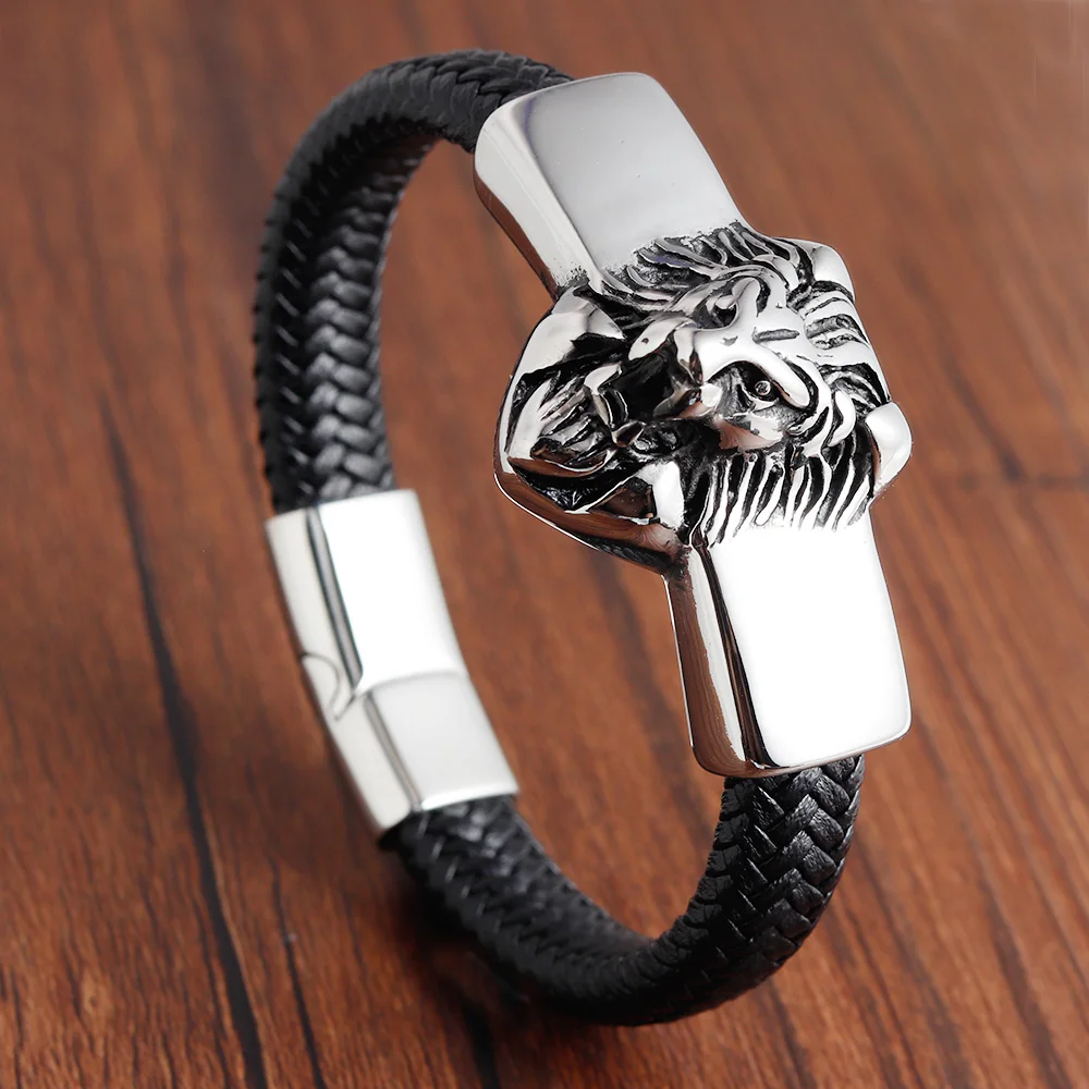 

Men Bracelets 316L Stainless Steel Leather Bracelet Men Braided Rope Wristband Bracelets Lion Bangles Fashion Jewelry