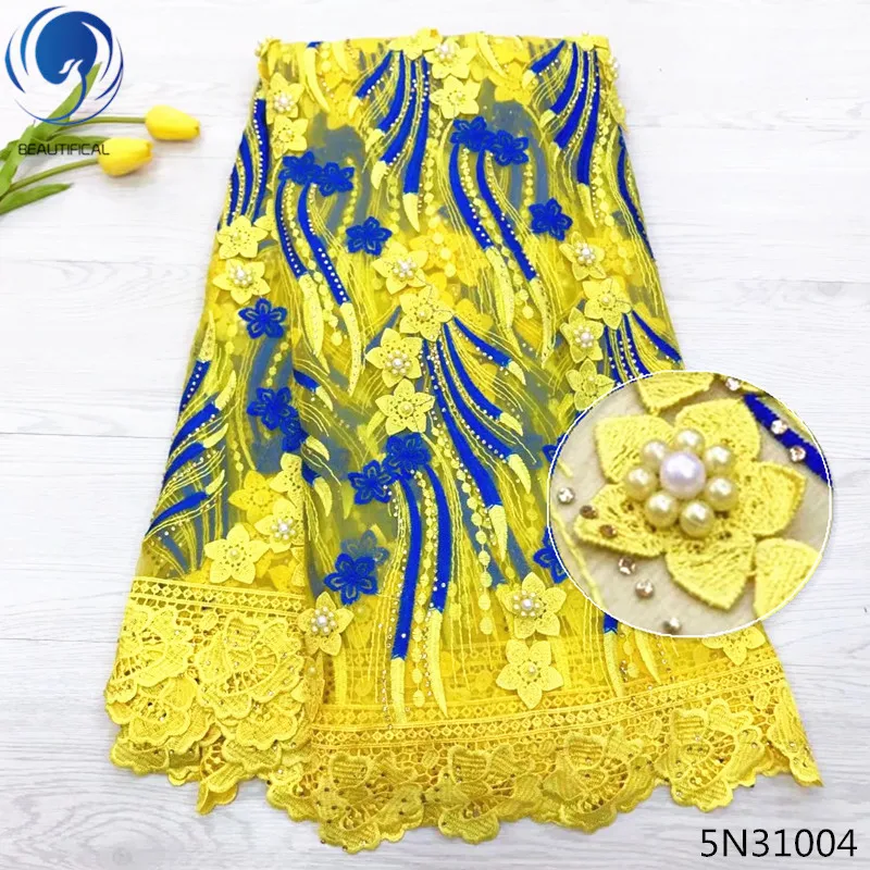 

Beautifical yellow lace fabric with rhinestone beaded lace fabric embroidery 5 yards/lot african bridal lace fabric hot 5N310