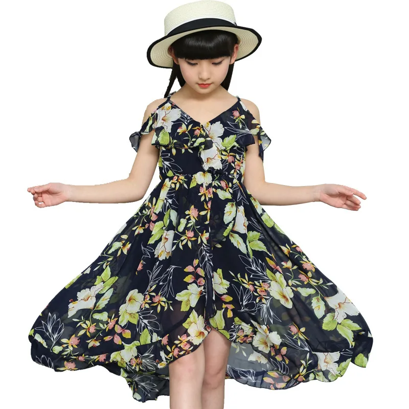 

Dresses for Girls Summer Chiffon Beach Dress Children Off Shoulder Floral Print Kids Bohemian Dress 4 8 9 12 Years Girl Sundress