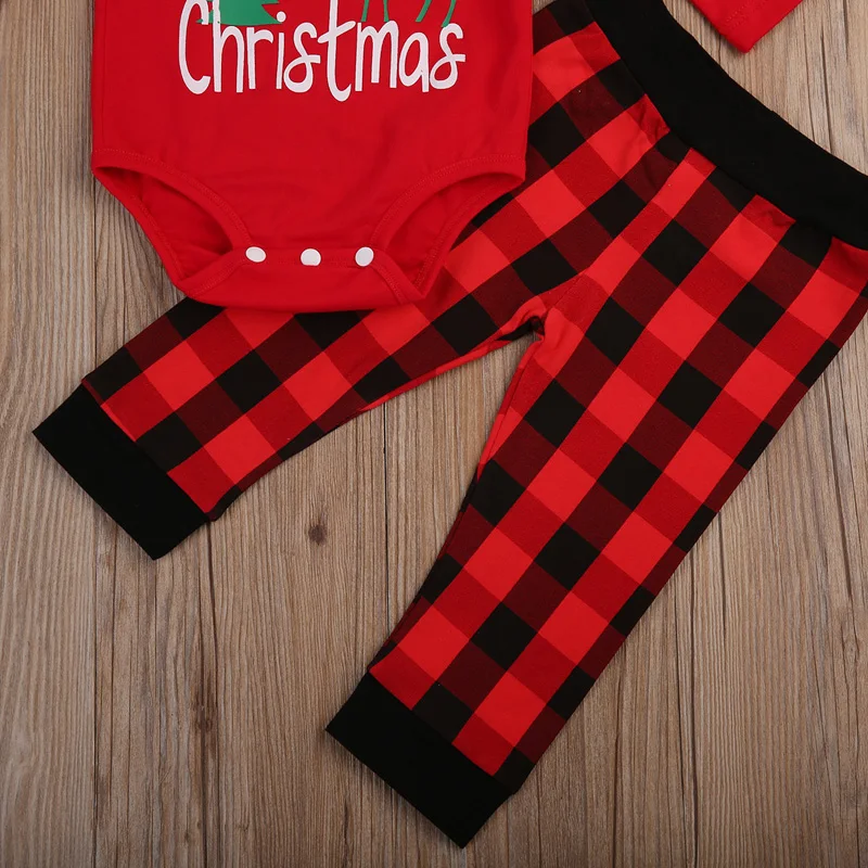 Г. Одежда для новорожденных мальчиков и девочек с надписью «My First Christmas» топы, комбинезон, штаны шапка, наряды Боди+ красные клетчатые брюки, Новинка
