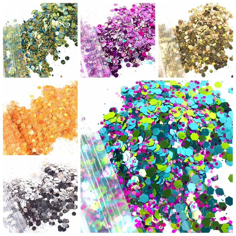 

1Bag 10G Mixed Nail Glitter 1MM + 0.2MM Hexagon Nail Sequins Shining Nail Glitter Sequins for UV Gel Nail Art Decoration MA-06#