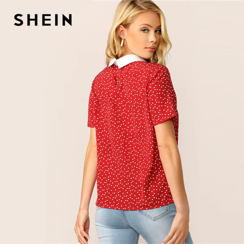 SHEIN женская красная футболка с контрастным воротником и принтом преппи