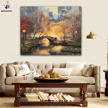 DIY цветные картинки по номерам с цветами маленький мост в фотография заката Рисунок Живопись по номерам Обрамленный дом