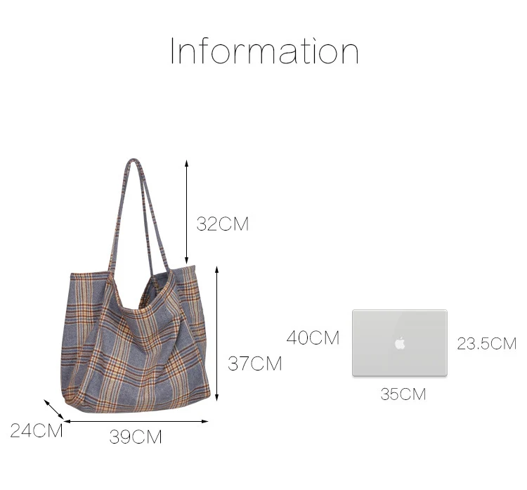 Women Woolen Canvas Bags Scottish Pattern Vintage Plaid Female Large Capacity Big Tote Handbag Ladies Casual Shoulder Bag