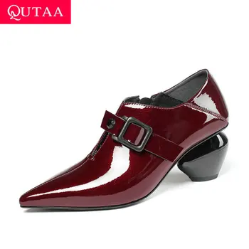 

QUTAA 2020 Fashion Pointed Toe Pumps Side Zipper Strange High Heel PU Leather All Match Autumn Women Single Shoes Size 34-42