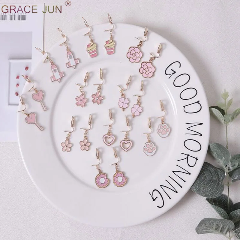 

GRACE JUN 10 Pairs /set Cute Cartoon Clip on Earrings Populalr Student No Pierced Earrings Charm Cartoon Animal Small Ear Clip