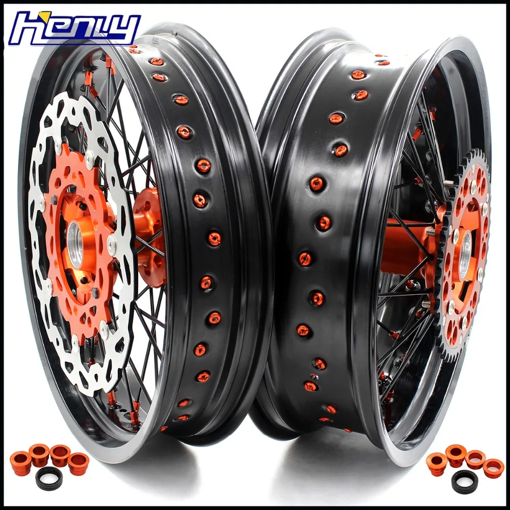 

3.5/5.0 Supermoto Spoked Wheels Set For KTM EXC EXC-E EXC-F SX SX-F XC-W 125 150 200 250 300 350 400 525 2003-2019 BLACK SPOKE