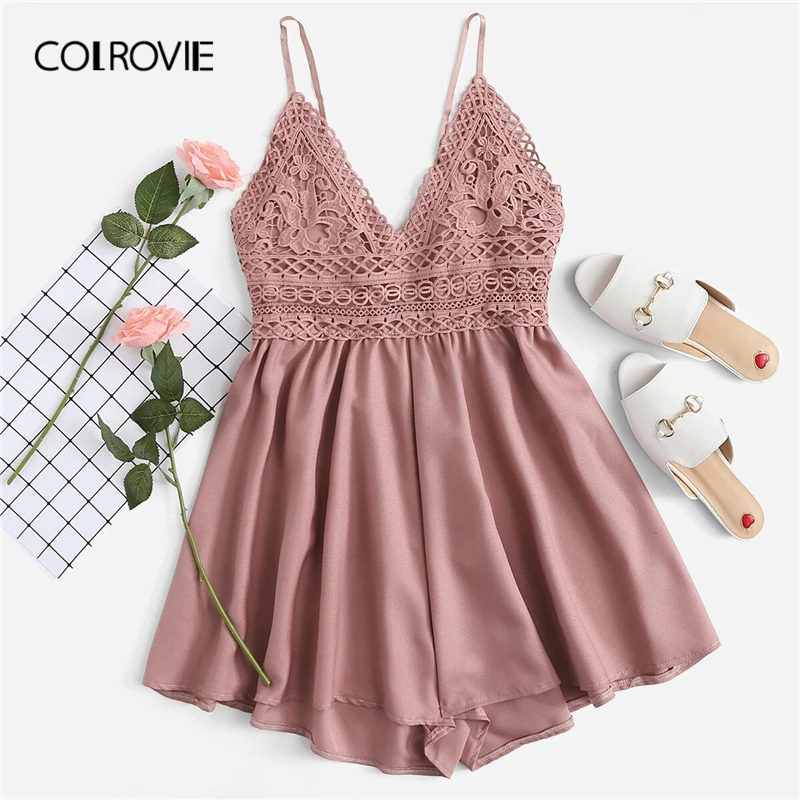 

COLROVIE Pink Solid V Neck Backless Contrast Lace Knot Back Cami Boho Romper Women 2019 Summer Sexy Girly Rompers Short Jumpsuit