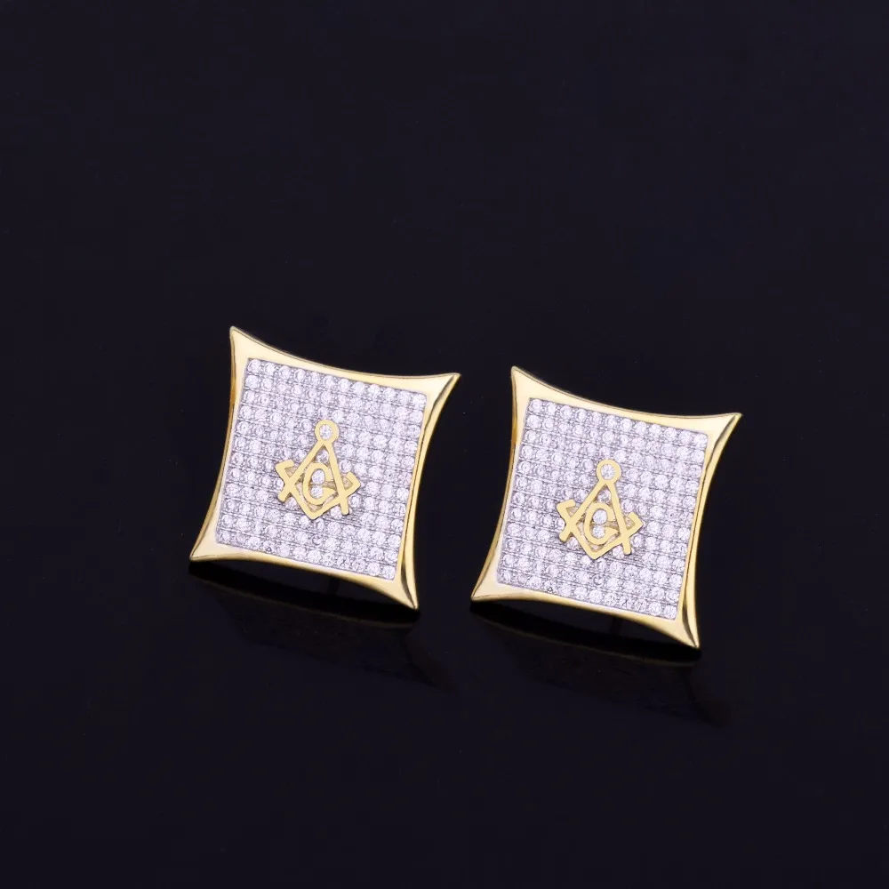 Iced квадратная масонская Золотая Сережка-гвоздик Серебряный Цвет кубический циркон серьги для мужчин хип-хоп ювелирные изделия для подарка 15 мм