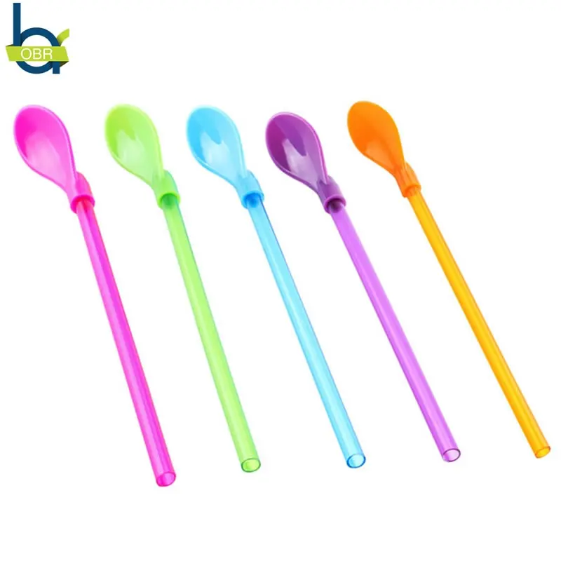 

OBR 10Pcs 2 in 1 Plastic Straw Spoon Colorful Tea Herbal Spice Filter Coffee Stirring Spoon Long Smoothie Straws Kitchen Tool