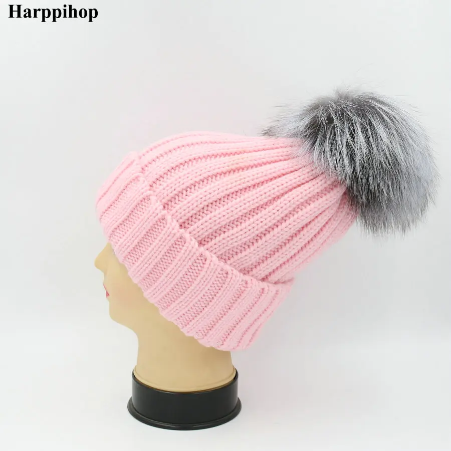 pink Harppihop настоящая меховая вязаная шапка настоящий большой енот Pom шляпа женская зимняя шапка - Цвет: pink