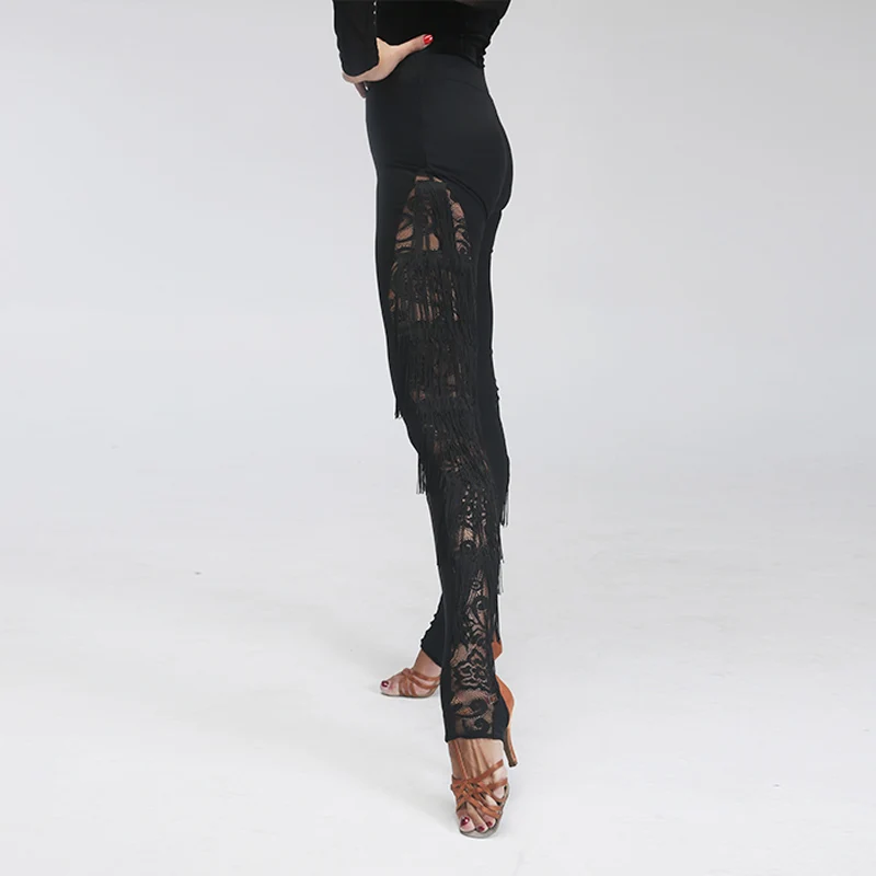 Сексуальные женские штаны для латинских танцев, черные кружевные штаны с кисточками для бальных танцев, женские тренировочные брюки для фитнеса, танцевальные костюмы VDB377 - Цвет: Black Pants