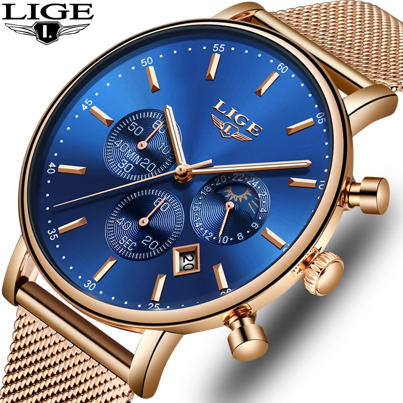 LIGE Mens Watches Top Brand Luxury Quartz Wristwatch Mem Grid strap All Steel Waterproof Sport Chronograph+Box Relogio Masculino