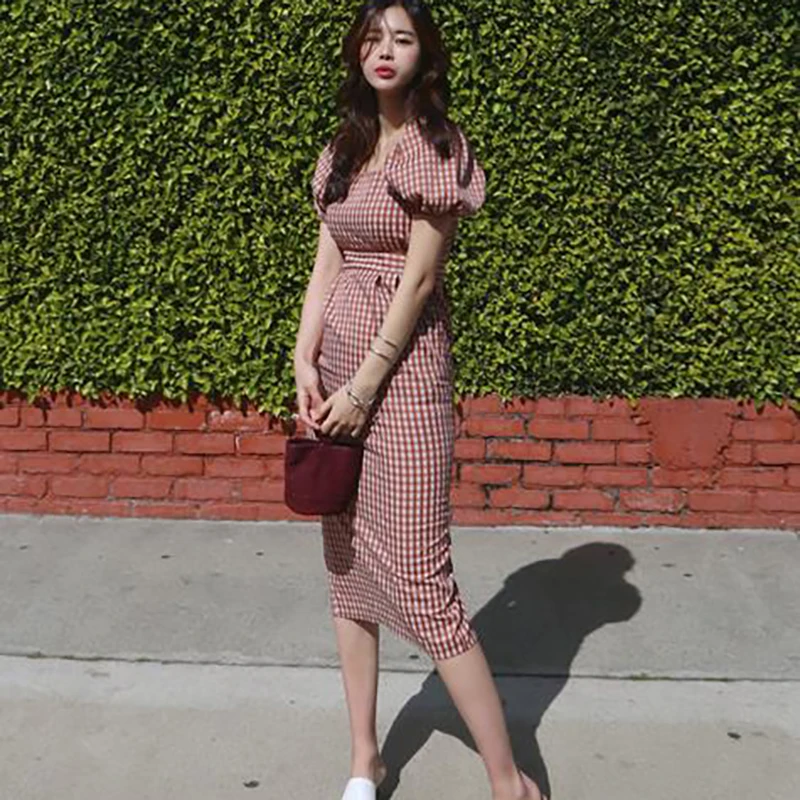 

women summer plaid short puff sleeve zipper long dress female pullover elegant split high waist pencil dresses casual vestidos