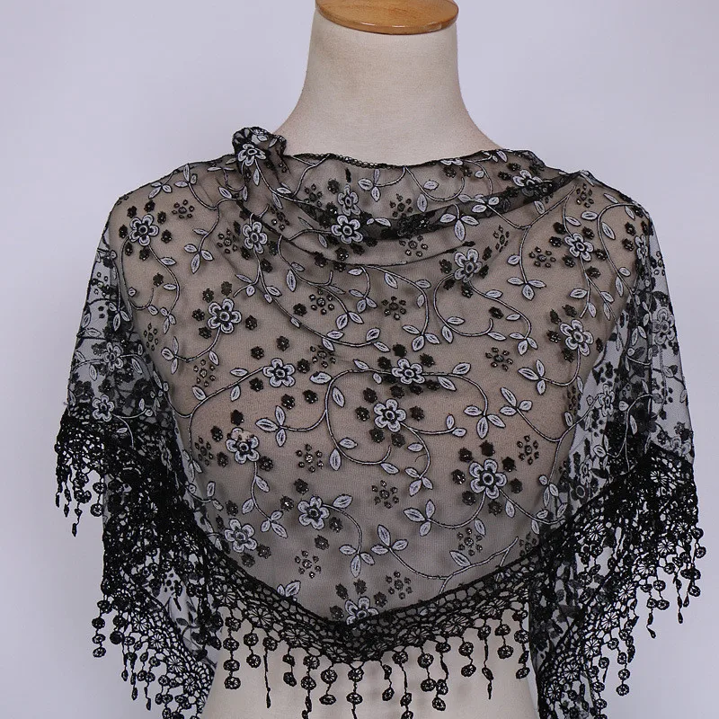Sacrf черный шарф Для женщин кружева цветочный, шарф-шаль Обёрточная бумага кисточкой шарфы sciarpa-30