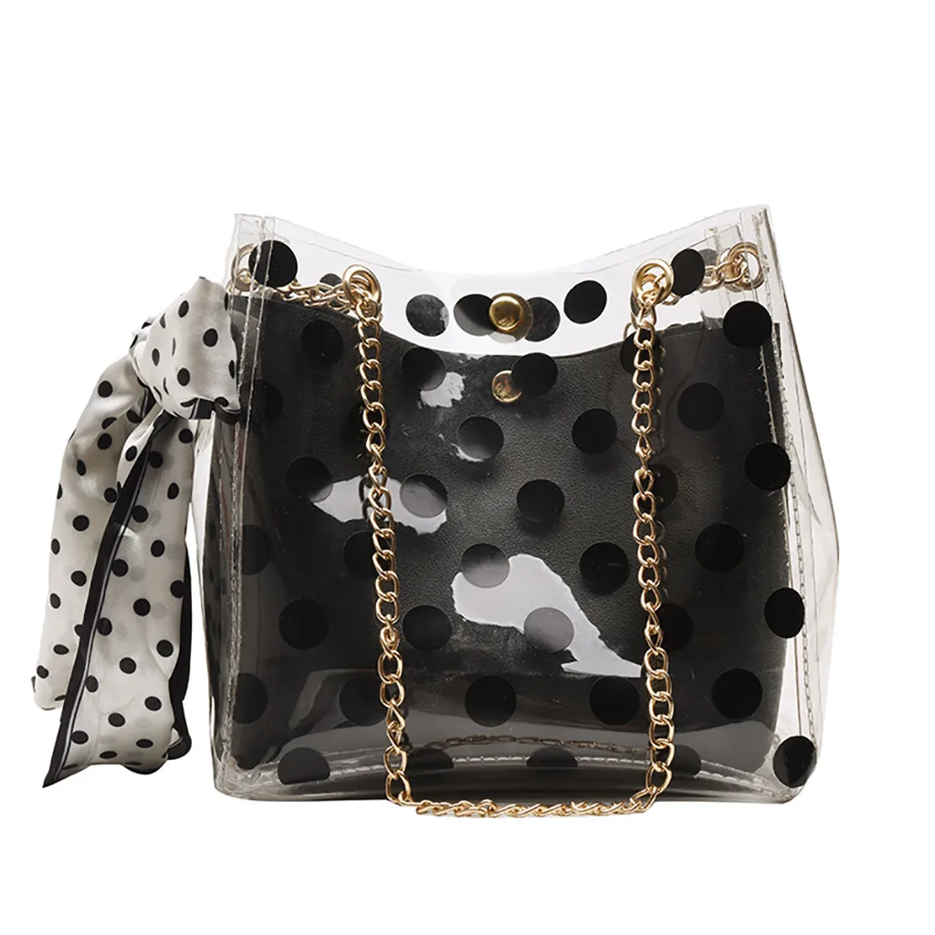

Women Composite Bag Jelly Clear Bag Shoulder Bag Scarf Transparent Bag Chain Polka Dot Print Wild Child Party Bucket Bag