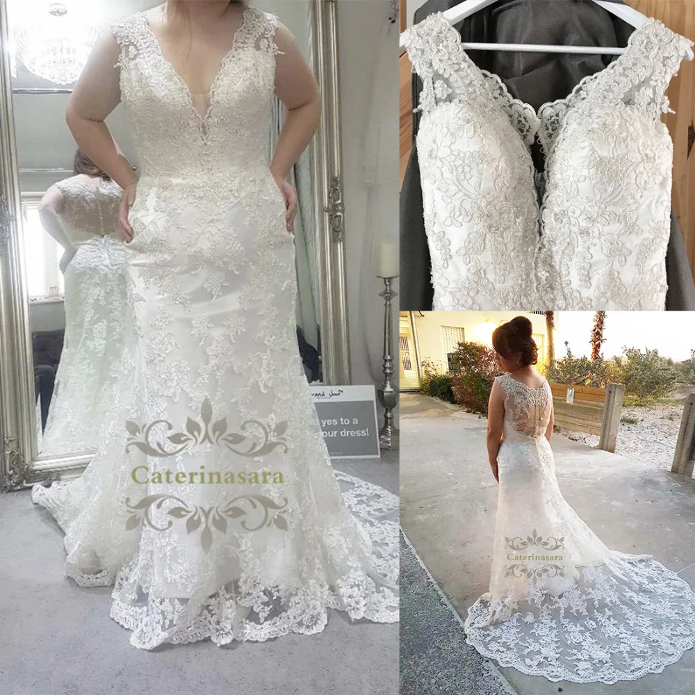 

Women Lace Wedding Dresses Mermaid / Trumpet V Neckline Bride Gowns Chapel Train Fit and Flare Skirt for Girls Outdoor Party