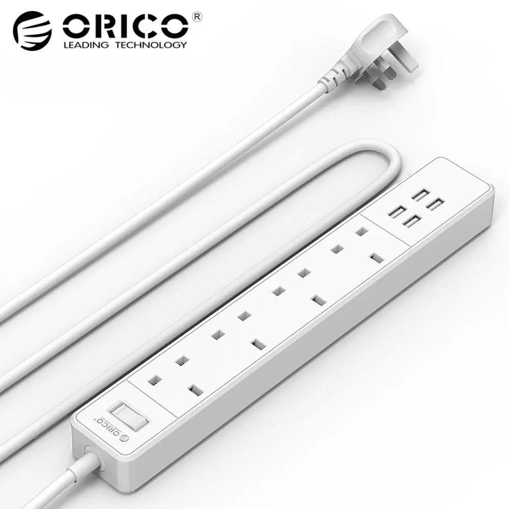 Продажа ORICO OSC4A4U Великобритания Plug 4AC 4 розетки Порты usb Стабилизатор напряжения 20 Вт Выход Мощность ленты с 1,5 м Мощность Шнур белый