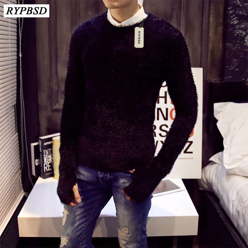 

Mink Cashmere Men Sweater Fall 2018 New Mohair Pure Color Warm Sweater Cotton Mens Sweaters Slim Cashmere Sweater Men 2 Colors