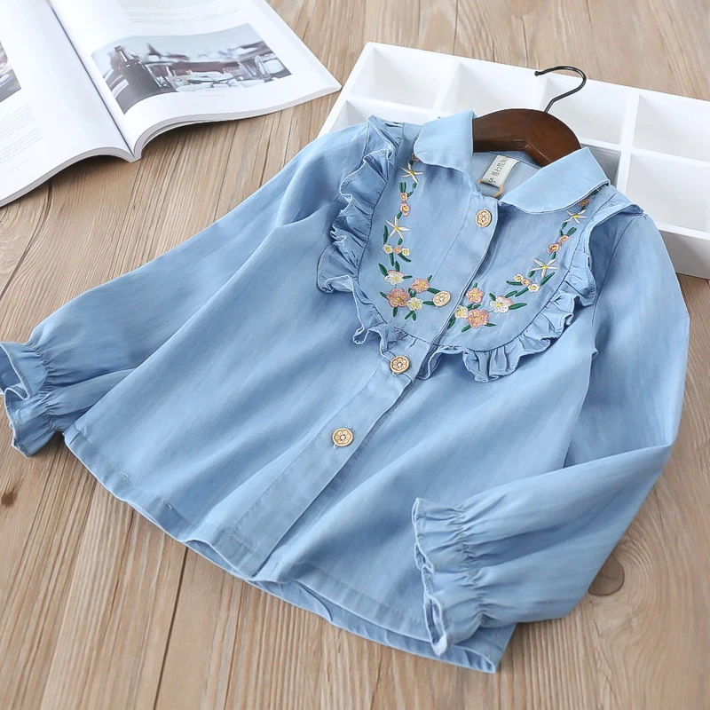 

Hurave Denim infant top baby ruffles Baby Girls Clothes Children full Sleeve shirts causal cute Solid embroidery blouses