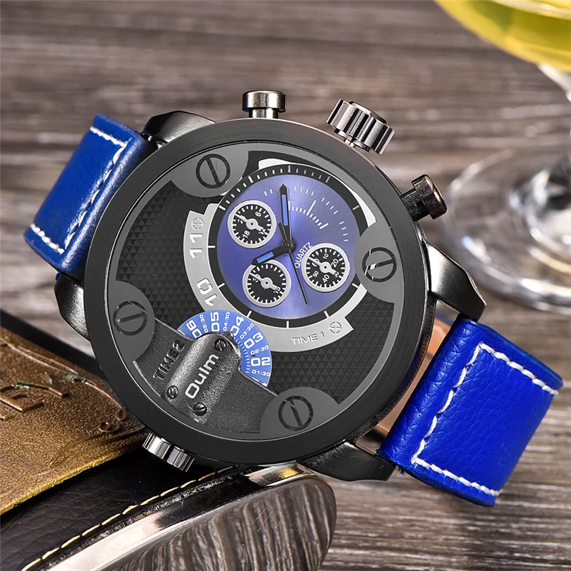  Oulm Military Watches Men Luxury Brand PU Leather Quartz Watch Man Two Time Zone Big Size Male Cloc