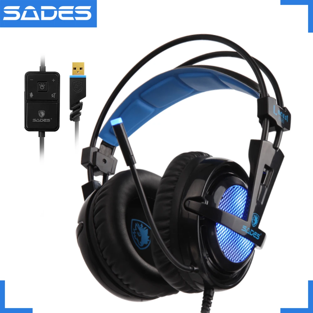 Цена Наушники SADES Locust Plus, 7,1, объемный звук, гарнитура, эластичная подвеска, повязка на голову, наушники с RGB светодиодной подсветкой для ПК ноутбук...