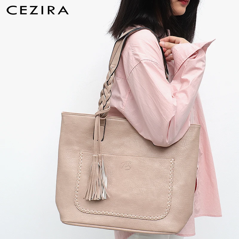 Kopen Cezira Hot Koop Vrouwen Vegan Lederen Schoudertassen Dames Mode Kwastje Tote Voorvak Dagelijks Handtassen Vrouwelijke Grote Bolsa Sac