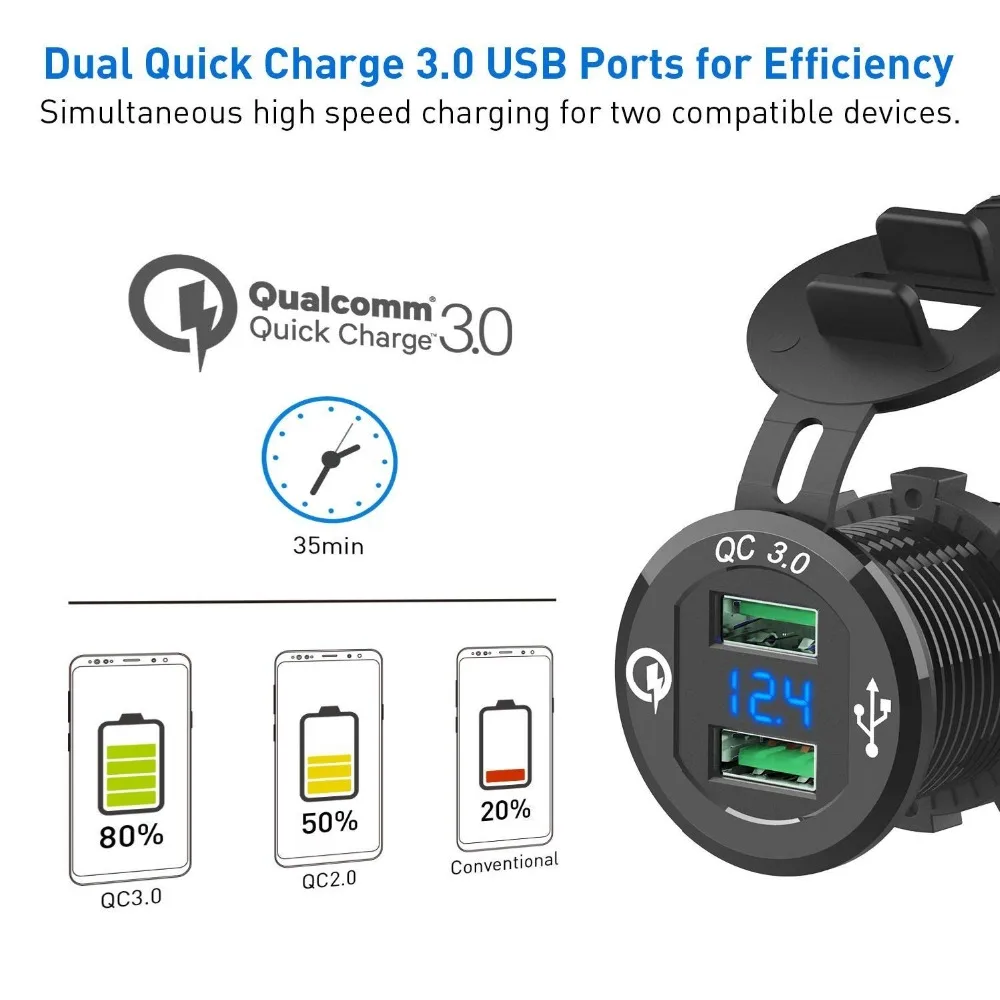 Quick Charge 3,0 металлическое зарядное устройство для автомобиля 12 В/24 В 36 Вт Водонепроницаемый двойной USB быстрое зарядное устройство с светодиодный дисплей напряжения для мотоцикла грузовика
