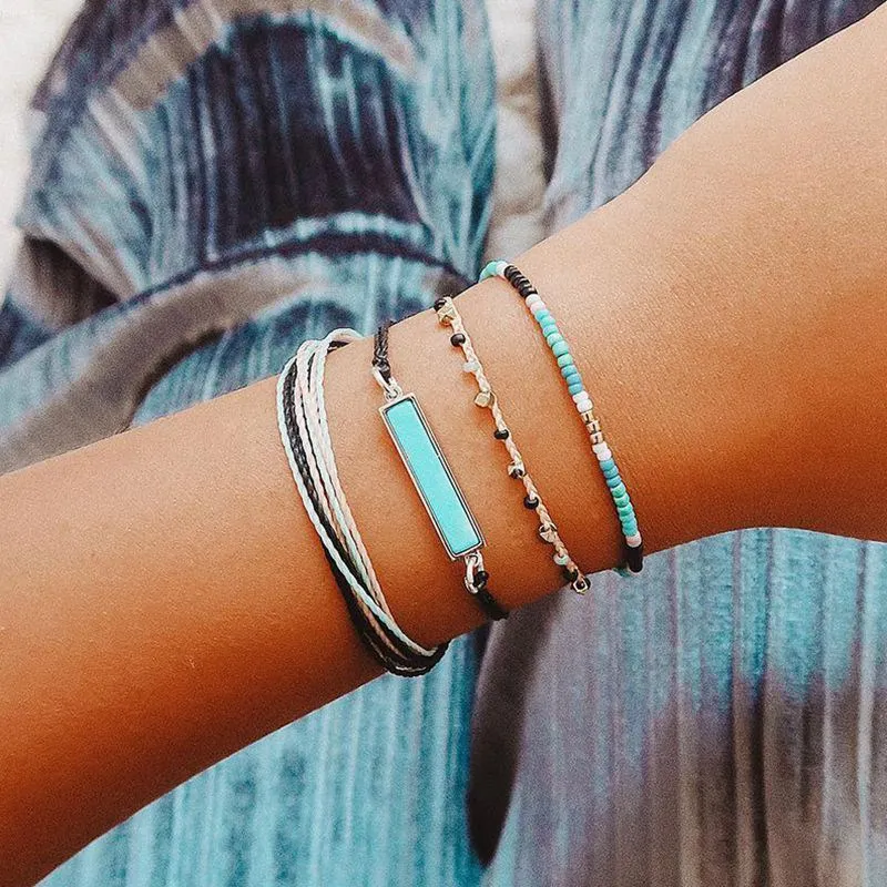 

4pc/set Bohemian Green Beads Chain Bracelets Bangles For Women Fashion Heart Compass Gold Color Chain Bracelets Sets Jewelry