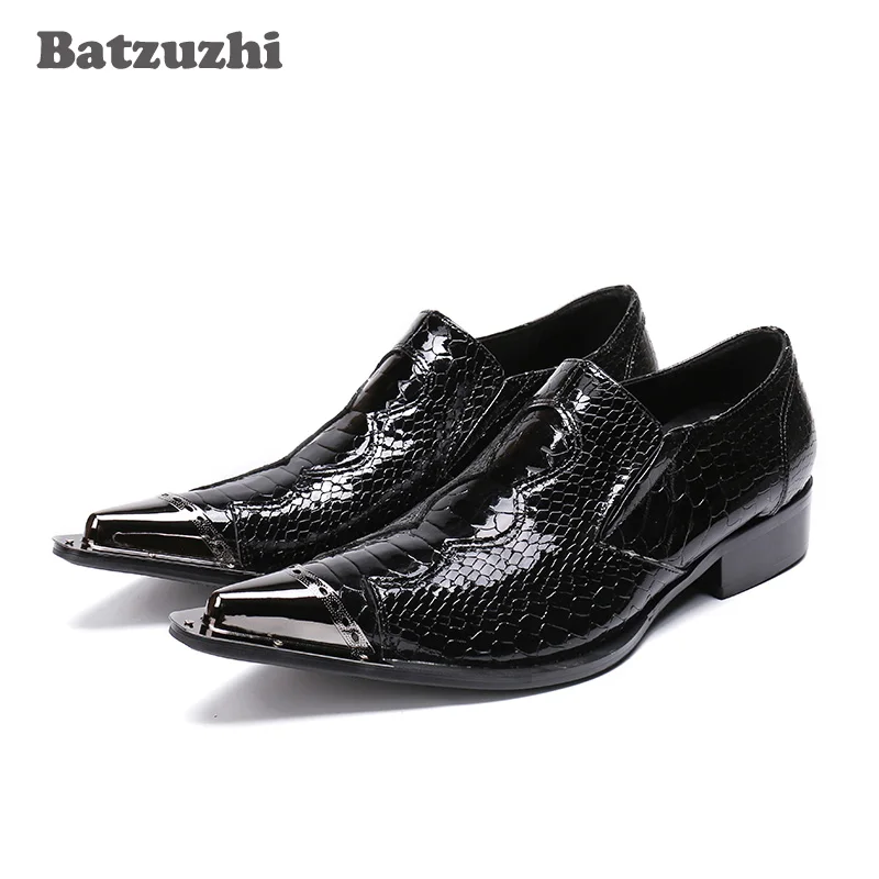 

Batzuzhi Pointed Metal Tip Mens Shoes Black Patent Leather Fish cales Pattern Leather Oxford Shoes Formal Business Leather Shoe