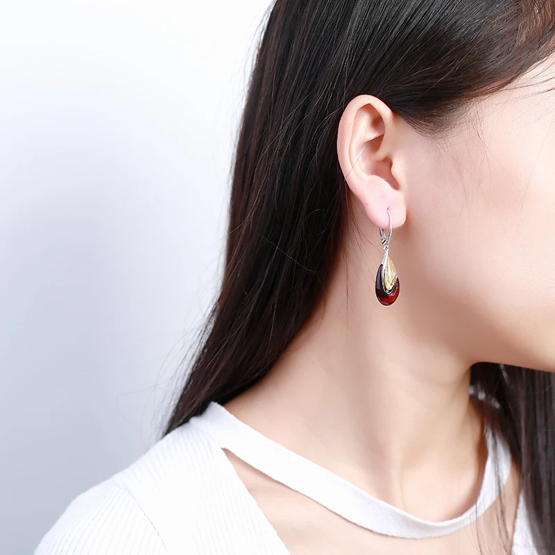 

JIUDUO European And American Vintage Style Amber Fashion 925 Sterling Silver Drop Earrings