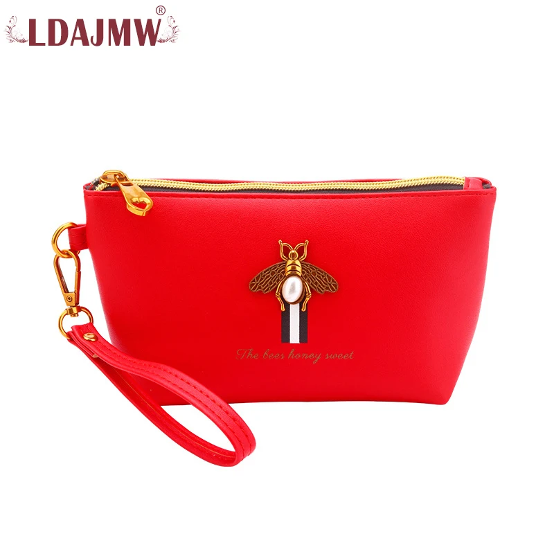 

LDAJMW Women Zipper Makeup Bag Three-dimensional Pearl Honeybees High Quality PU Leather Cosmetic Bag Travel Organizer Handbag