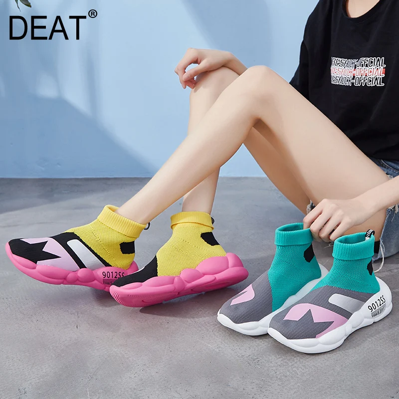 

[DEAT] 2019 New Spring Summer Round Toe Stretch Fabric Mixed Colors Casual Single High Heels Shoes Women Fashion Tide 10B812