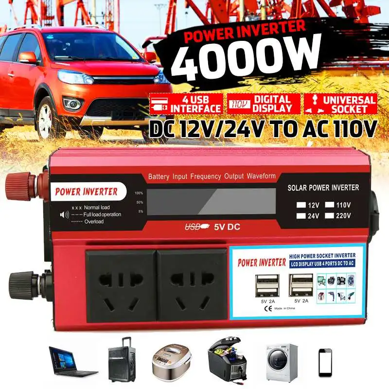 

KROAK 4000W 4 USB Power Inverter DC12/24V to AC 110Volt Car Adapter Charge Converter LCD Display Modified Sine Wave Transformer