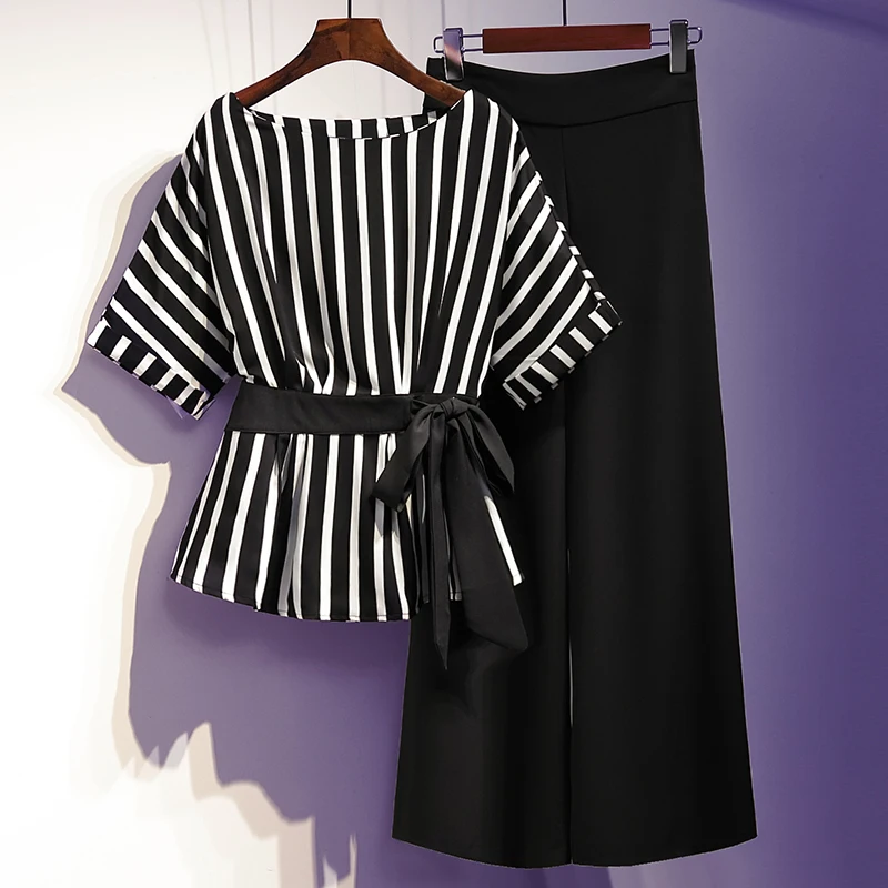 

2019 New Striped Blouse & Wide Leg Pants Set plus size two piece set lounge wear summer clothes for women