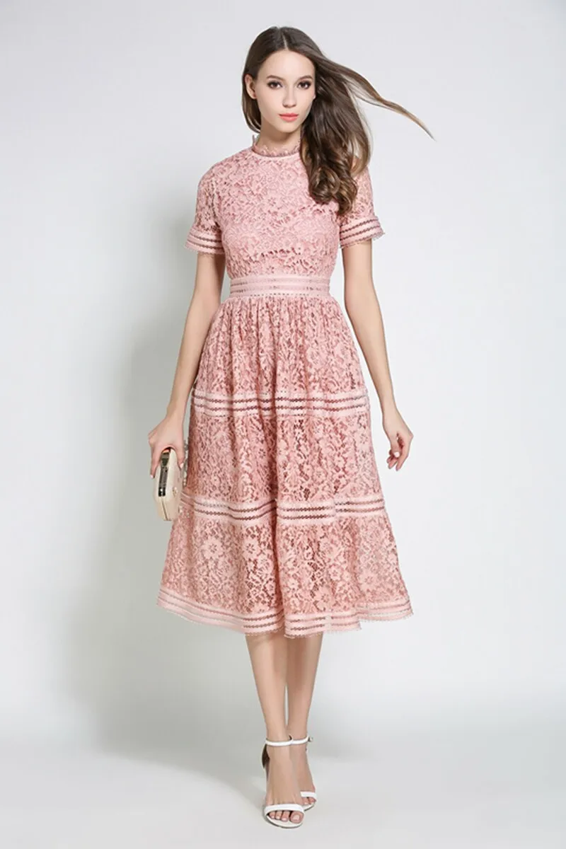 

Green/Pink lace stitching Hollow out summer dress 2018 fashion Runway vestidos elegant evening party Casual Lace Dresses
