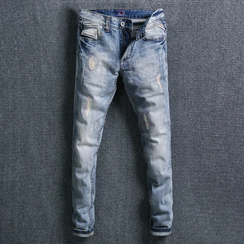 

Fashion Streetwear Men Jeans Light Blue Slim Fit Ripped Jeans For Men Italian Style Vintage Classical Jeans homme Hip Hop Jeans
