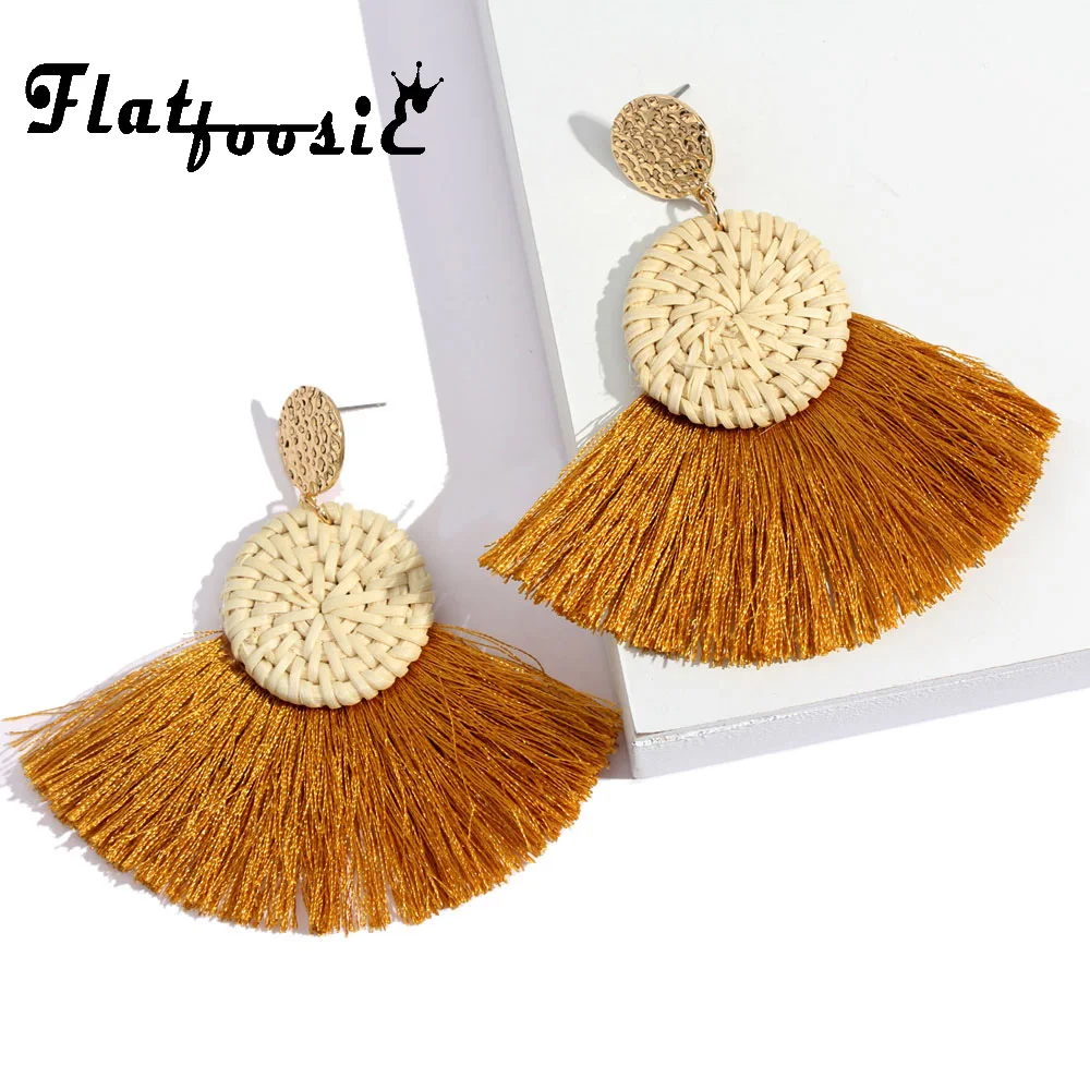 

Flatfoosie Bohemia Weave Tassel Dangle Earrings For Women 2018 Fashion Handmade Straw Rattan Knit Big Round Drop Earring Jewelry