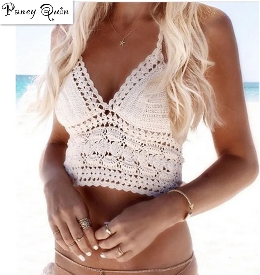 

Summer Sexy crochet bikini Crop Tops women Beachwear Hollow Out Bikini Bra Strap vest Hanging Halter Tank Vest women's cropped