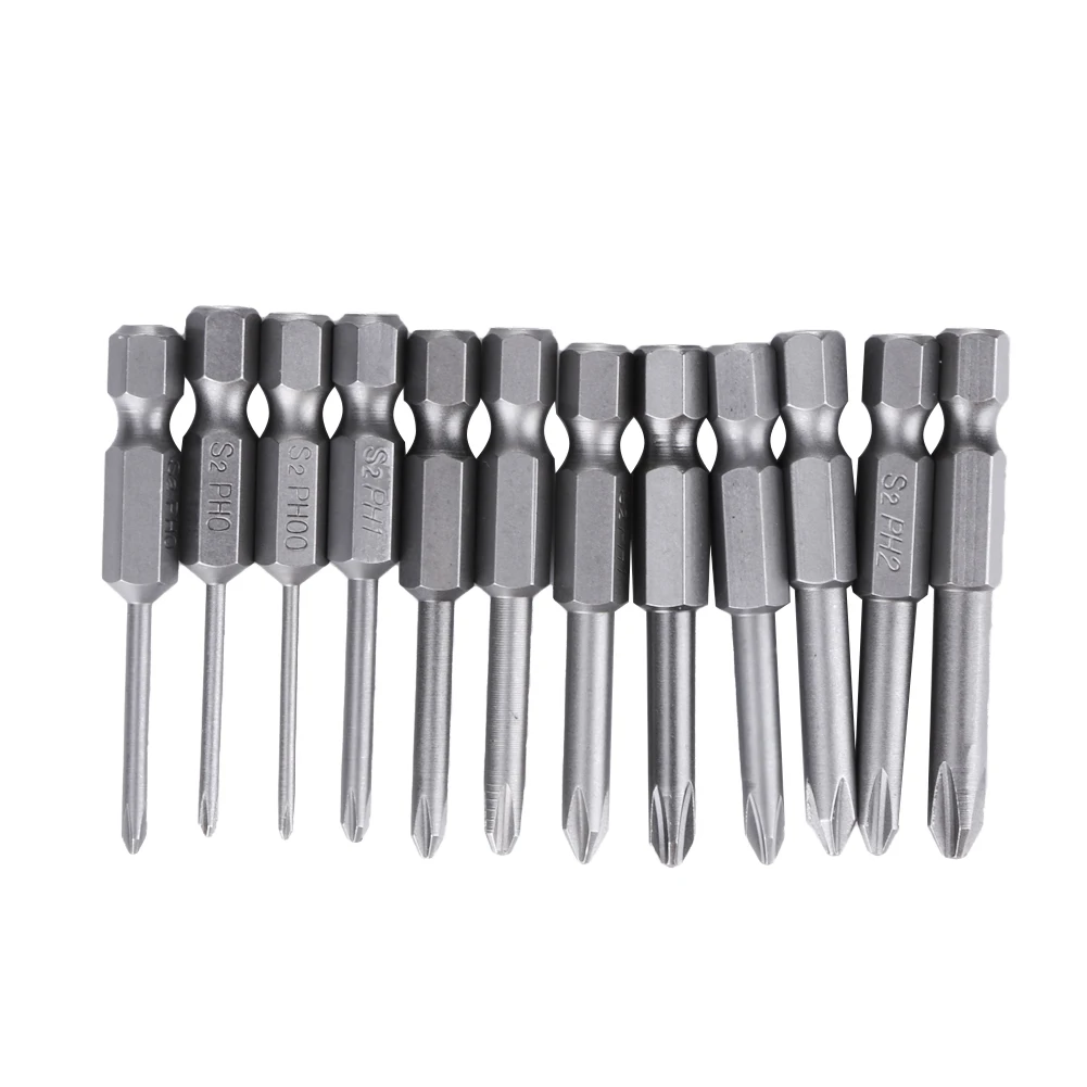 

12pcs Magnetic Screwdriver Bits 50mm S2 1/4 inch Hex Shank Phillips Single Side Cross Head Anti Slip Electric Screwdrivers Bit