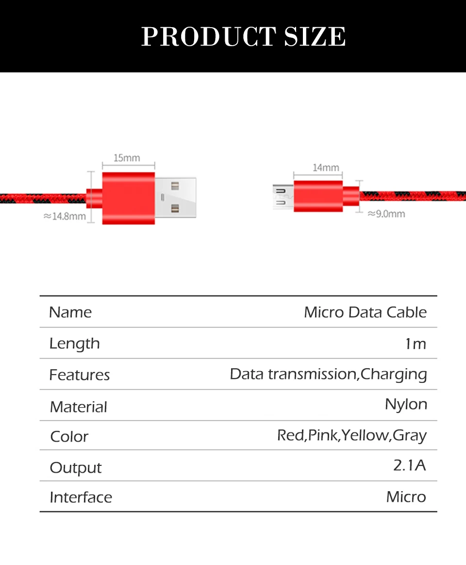 Micro USB Cable 1m 2.1A Nylon Fast Charge USB Data Cable for Android Mobile Phone USB Charging Cord Nylon Wire (3)