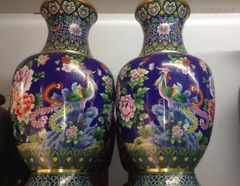 

35 Chinese Bronze Copper Gild cloisonne phenix flower Bird Bottle pot Vase Pair