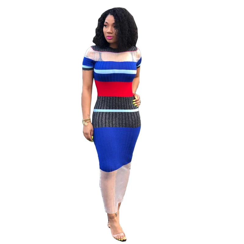 

2019 Bandage Dress Knitted Striped Patchwork Mesh Maxi Dresses Long Short Sleeve Perspective Vestidos De Largo Sexy Ankle Length