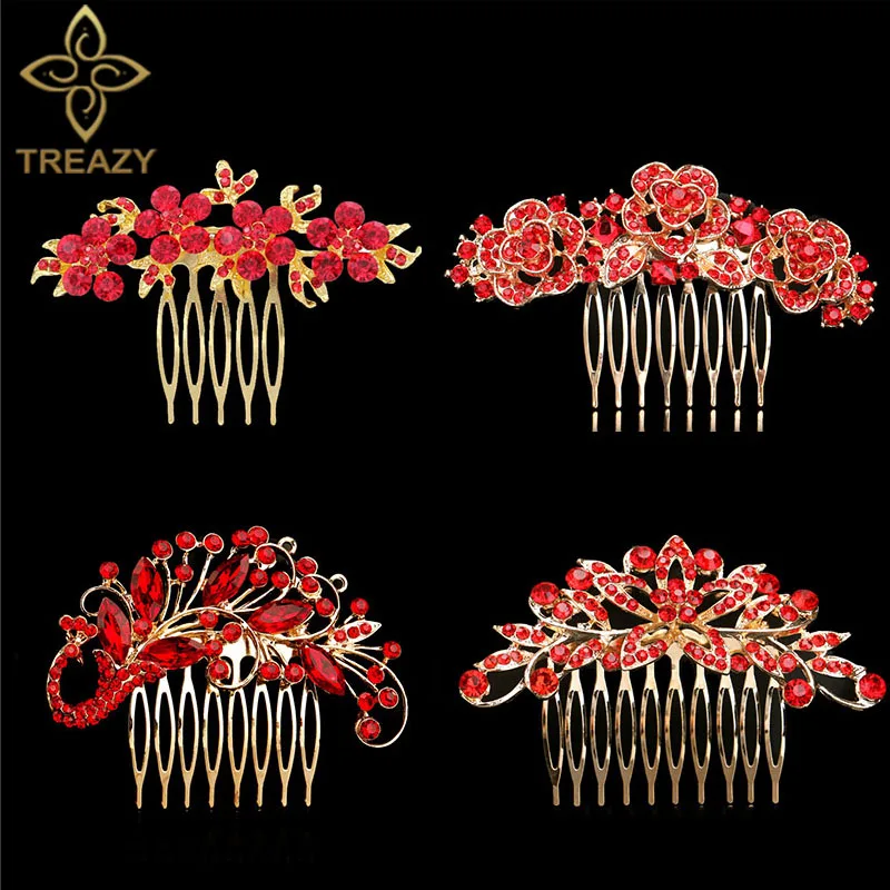 

TREAZY Elegant Bridal Hair Combs Red Crystal Floral Animal Bride Wedding Hair Jewelry Party Prom Hair Accessories Women Headwear