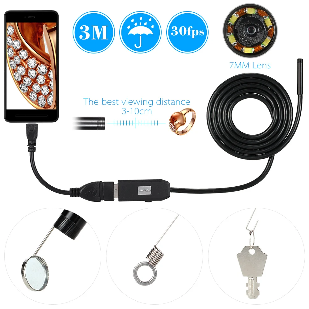 OWSOO 1/2/3/5 м 7 мм Объектив USB эндоскоп Камера Водонепроницаемый провод для осмотра на змеевидной трубке бороскоп для OTG совместимый Android телефоны