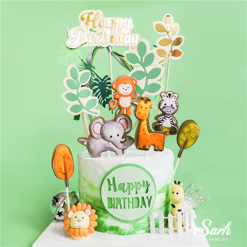 Giraffe Monkey Animals Cake Toppers Happy Birthday Gold Letter